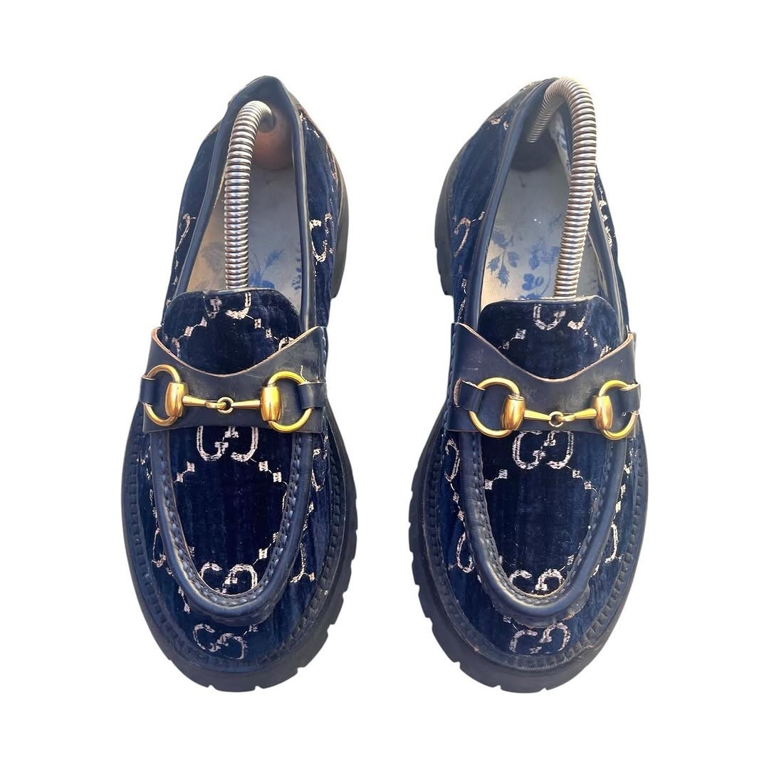 Gucci Blue GG Velvet Horsebit Platform Loafer Bee Embroidery Lug