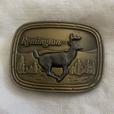 Remington Metal Western Belt Buckle Deer Hunting, Rectangular 1979