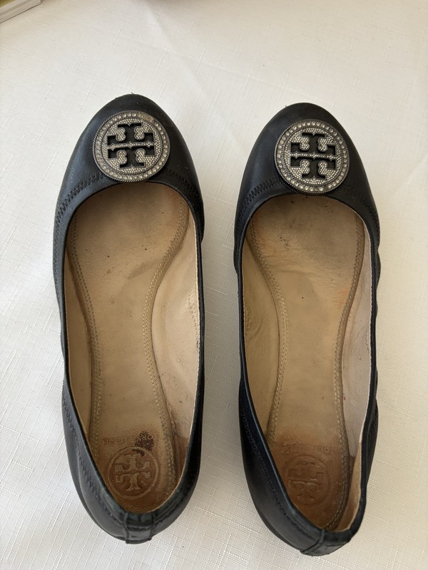Tory Burch Womens Liana Ballet Flats Size 7, Black Leather Rhinestone Logo Shoes