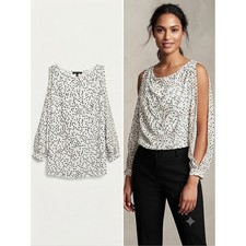 Banana Republic Blouse Women L Ivory Polka Dot Cowl Neck Open Slit Sleeve Top
