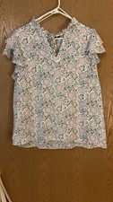 Womens ' Floral Ruffle Sleeve Blouse V-Neck Short Sleeve Pink Green White Size