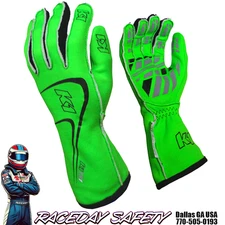 K1 RaceGear Track 1 Nomex Racing Gloves SFI 3.3/5 Fluorescent Green Kids & Adult
