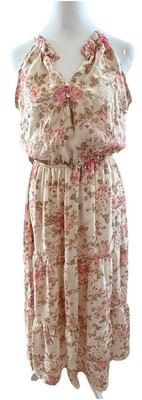 NWT WALLFLOWER Juniors Cream + Pink Roses Floral Summer Maxi Sun Dress Medium