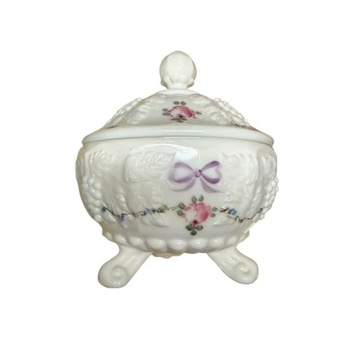 Vintage Westmoreland Milk Glass Paneled Embossed Footed Candy Dish Jar with Lids