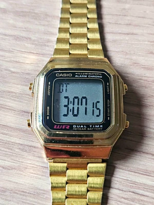 Casio A178W Digital Gold Tone Stainless Steel Bracelet Quartz Alarm Chrono