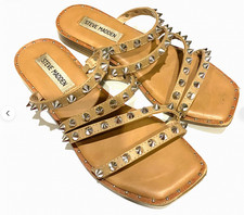 Steve Madden Skyler Studded Sandals Tan Strappy Slides Flats Rocker Chic 5.5