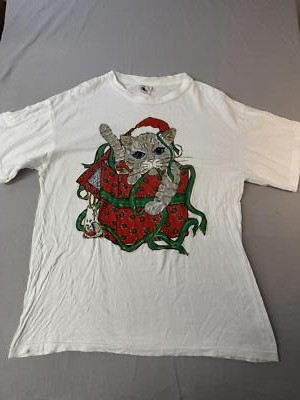 VTG 90s Cat Merry Christmas Gift Box T-shirt Xmas Kitty XL