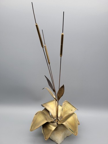 Brutalist Metal Cattails Sculpture on Stone Rock Base Vintage - Picture 9 of 15