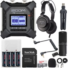 Zoom F3 2-In / 2-Track Portable Field Recorder + Zoom ZDM-1 Podcast Mic Pack Kit