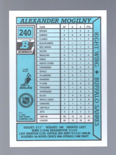 Alexander Mogilny 1990 Bowman Tiffany #240 RC - 第 2/2 張圖片