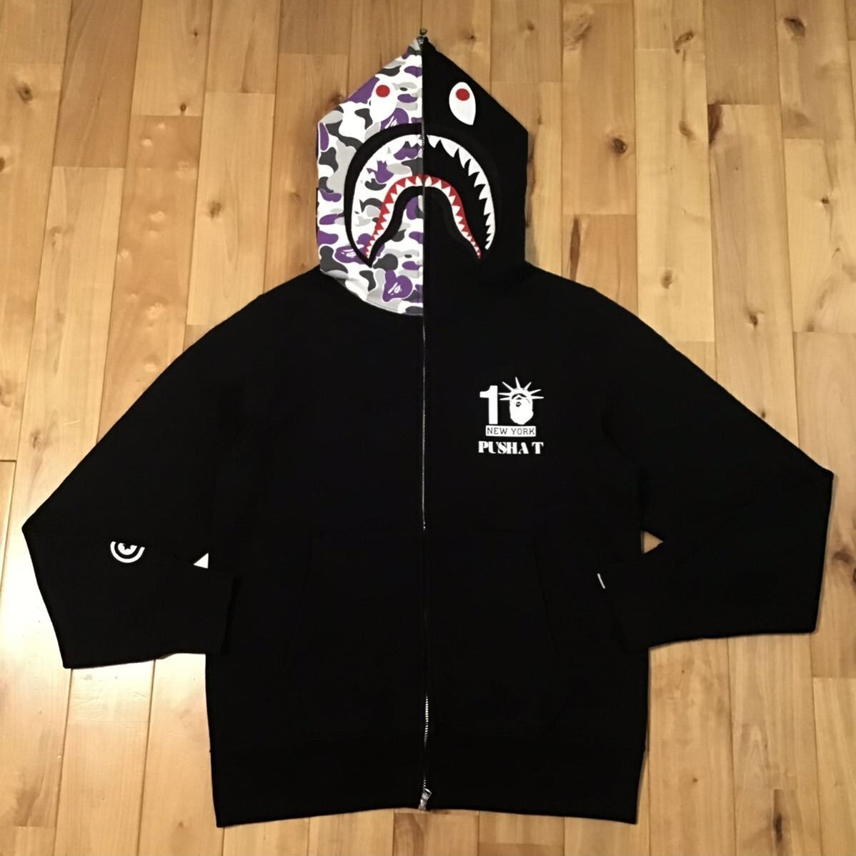 APE BAPE PUSHA t シャークパーカー　パーカー　camo XL BAPE × PUSHA T shark full zip hoodie NYC camo Black A