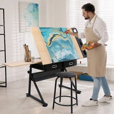Drafting Table Art Desk Artist Drawing Table Adjustable Tilted Tabletop w/Stool