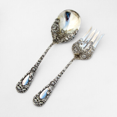 Chrysanthemum Salad Serving Set Durgin Sterling Silver Pat 1893