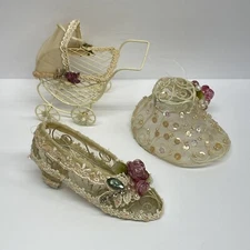 Victorian Fairy Tale Ornaments Shoe Hat Stroller Buggy Christmas Flowers