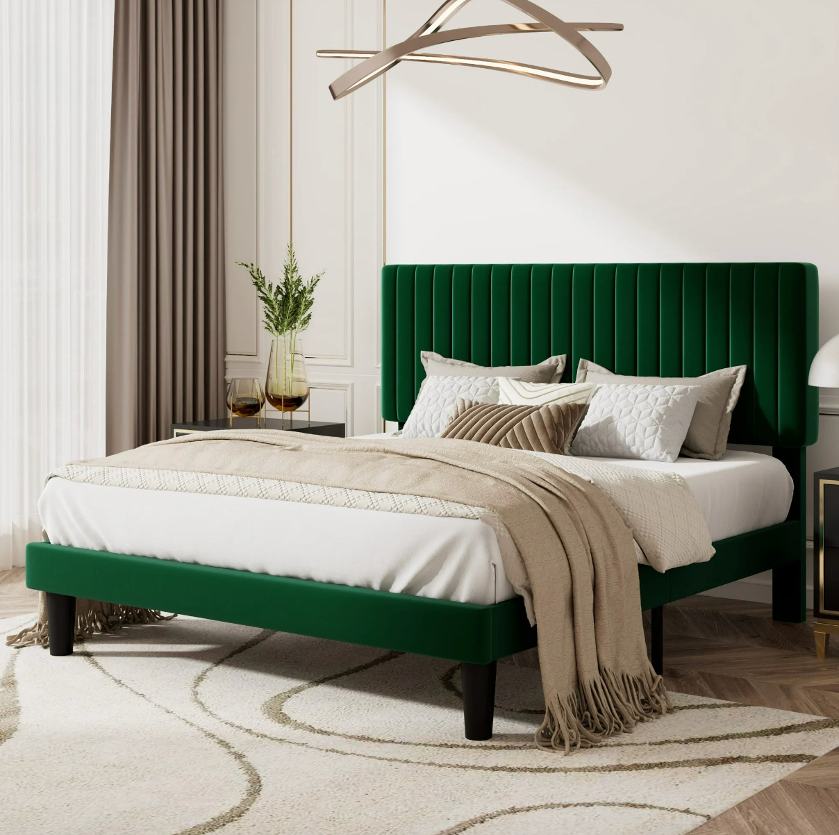 Marco De Cama Plataforma Terciopelo Tapizado Queen Madera En La Cabecera Verde