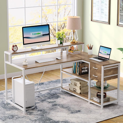 Beige L-Shaped Desk with Drawers & Monitor Stand for Small Home Office