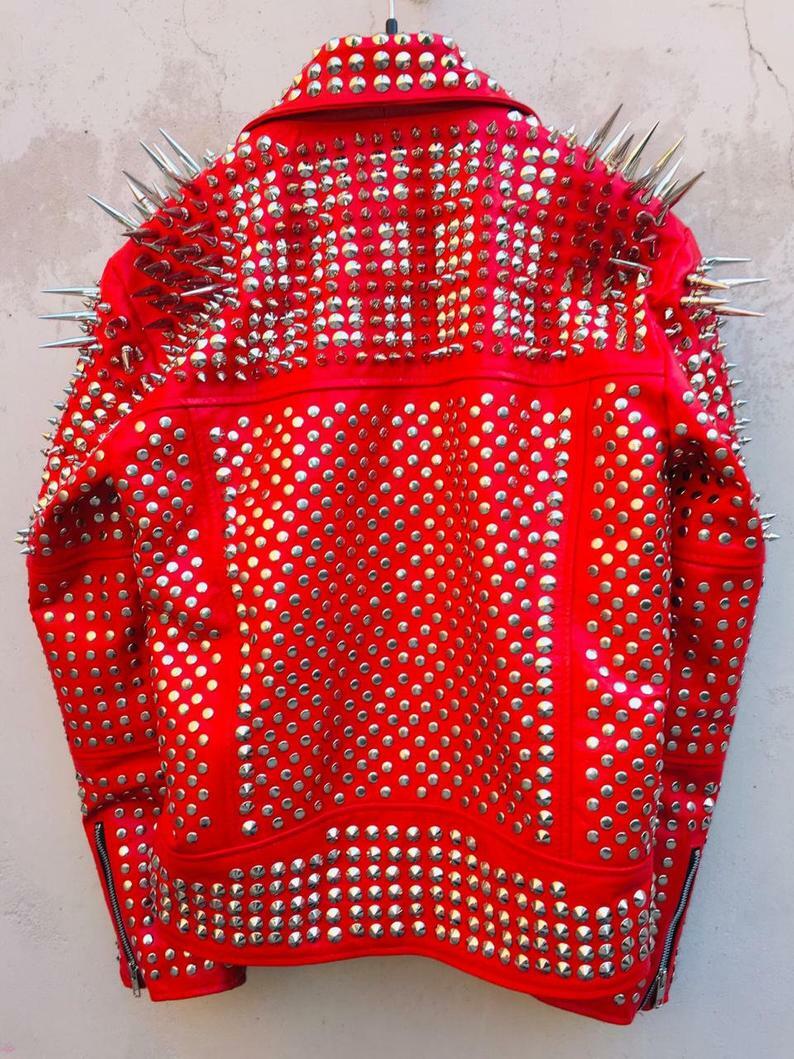 Men Classy Red Gothic Emo Style Leather Jacket with Silver