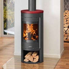 Justus Kaminofen Mino 2.0 Schwarz Top Keramik Bordeauxrot 5,5 kW raumluftunabh.