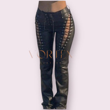 Womens Black Lace Up Style Leather Pant Slim Fit Pant Real Lambskin Leather Pant