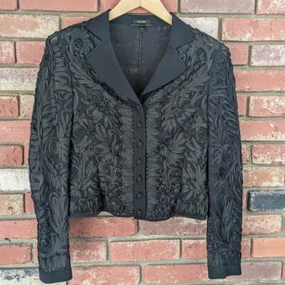 Escada Silk & Cotton Intricate Black Floral Mesh Jacket Top