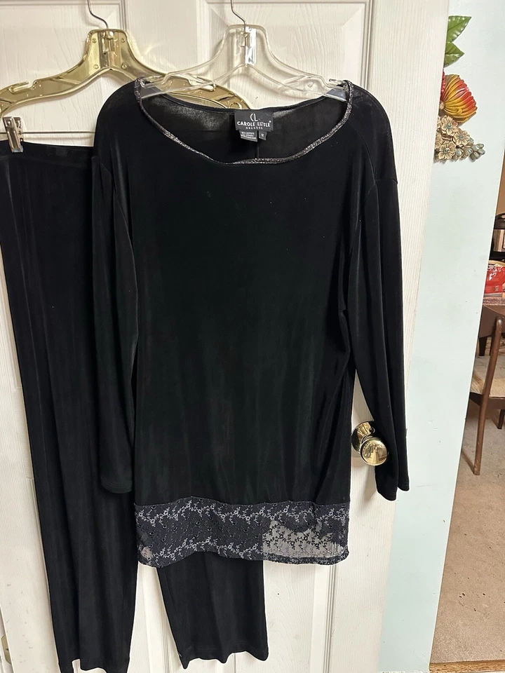 Carole Little 2 件装裤子束腰上衣套装黑色闪亮花边大号 12 弹力薄 — 第 2/4 张图片