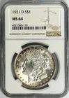 1921-D $1 MORGAN SILVER DOLLAR NGC MS64–ONLY DENVER MINT MORGAN