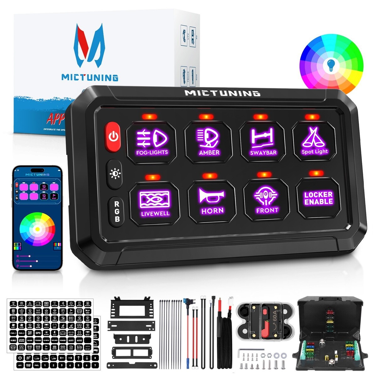 MICTUNING RGB 8 Gang Switch Panel App Control Led Lights Relay