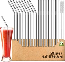 20-Pack Reusable Stainless Steel Metal Straws, 9 Straight + 9 Bent 8.5''