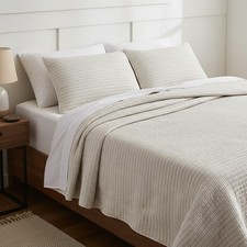 Beige Pick Stitch King Quilt Set 3 Pieces Farmhouse Cotton Wrapbed