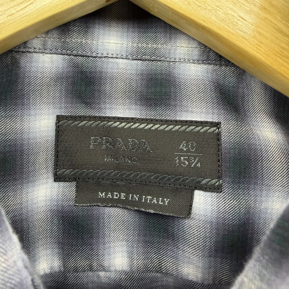 Camisa Prada Para Hombres 40 15-3/4 Azul Cuadros Ligera Suave Algodón Jersey Abotonable Foto 3 de 4