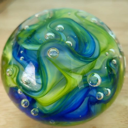 Blue Green Vintage Paperweight Bubble Swirl Art Glass Murano Style 2.5 ”