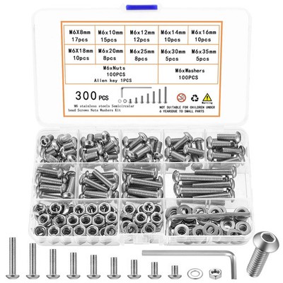 M6 Nuts and Bolts Assortment Kit - 300 Pcs Stainless Steel Screws and Washers