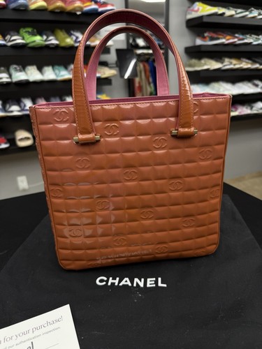 Authentic CHANEL Brown Chocolate Bar Patent Leather Tote Hand Bag