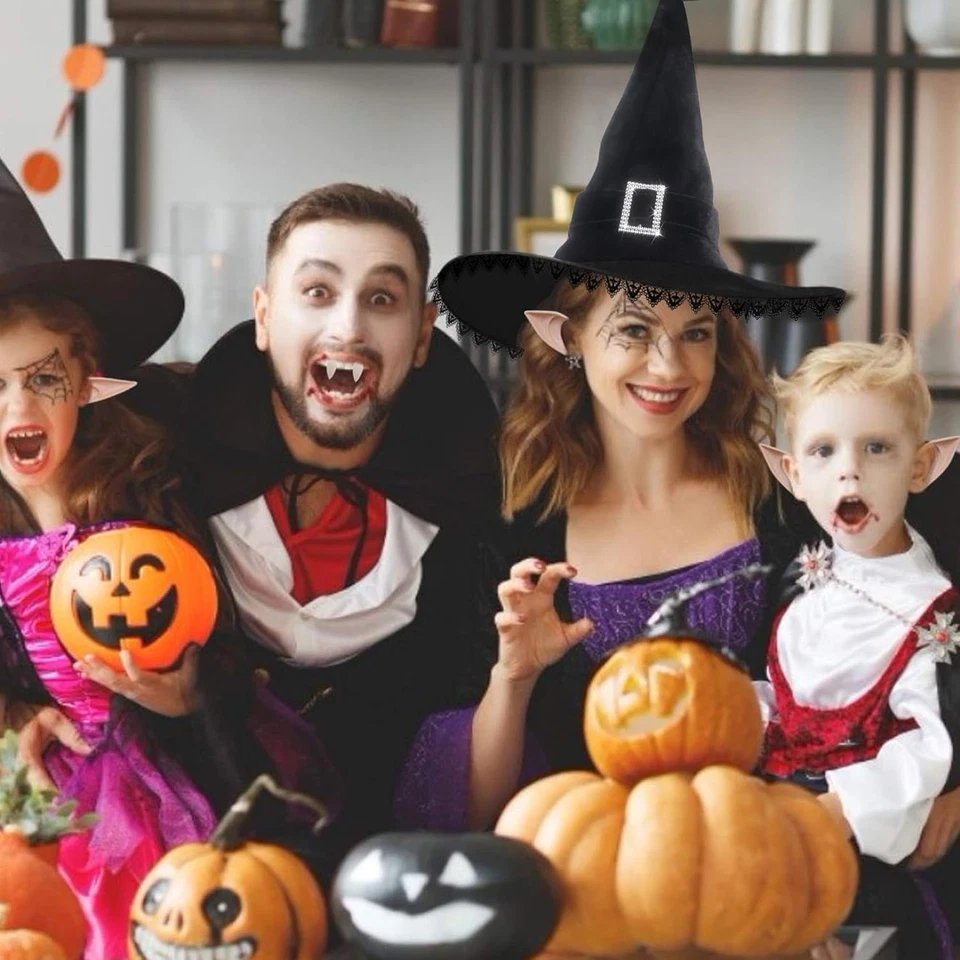 Sombrero de bruja de Halloween - Disfraz para mujer Sombreros de brujas negras con flecos de encaje para salón Foto 4 de 4