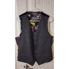 Paisley  Gray Men  s Size L Slim Fit Gray Herringbone Vest Floral Crane Lining