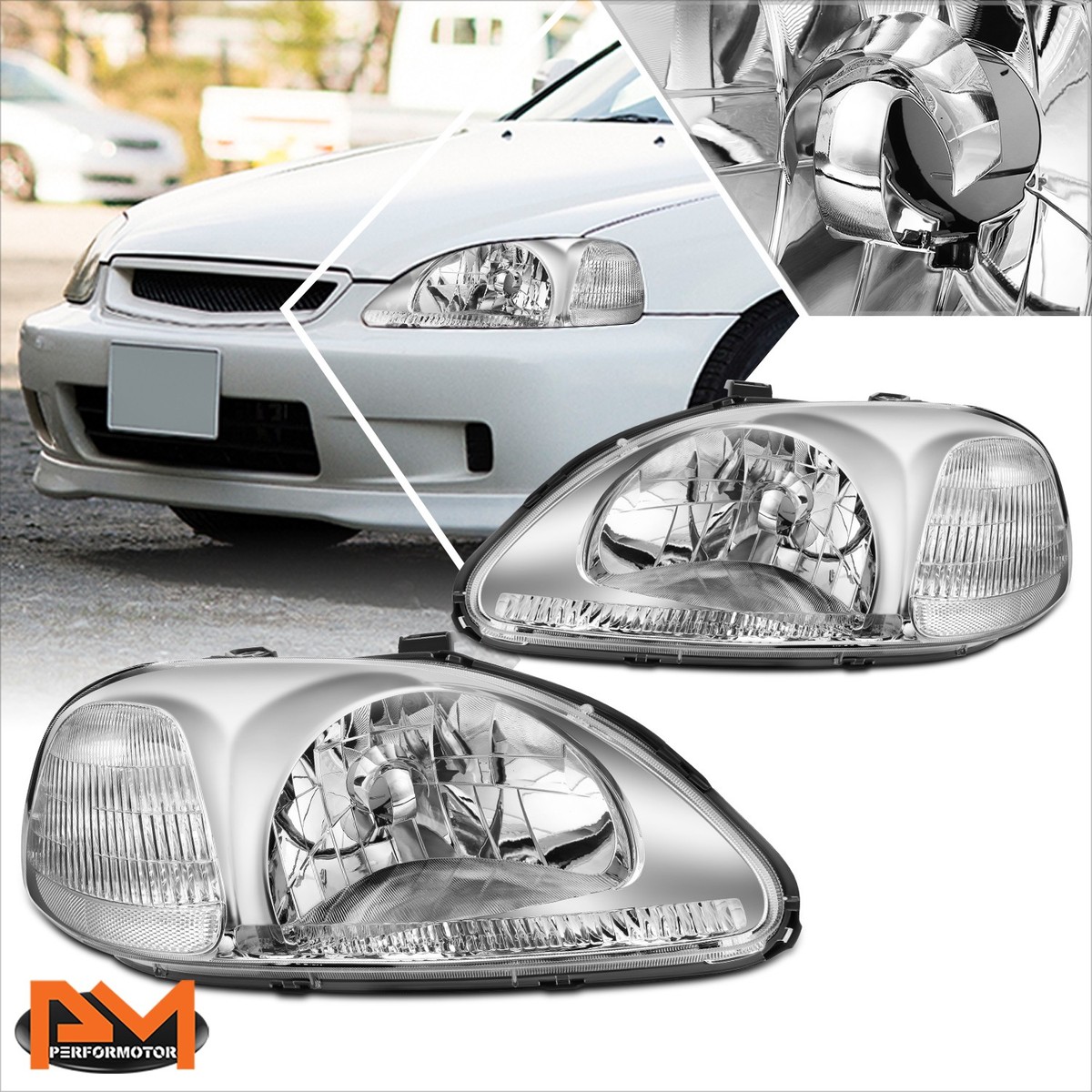 For 96-98 Honda Civic EJ/EM/EK Chrome Housing Headlight Clear