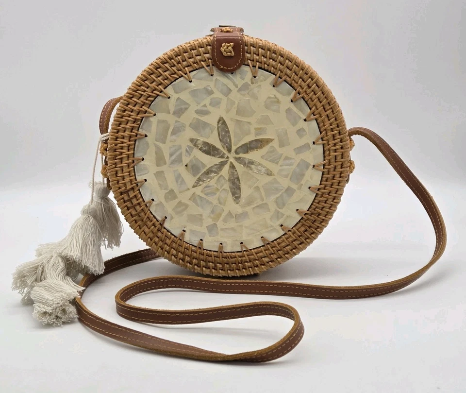 Shell Inlaid Purse Hand Woven Round Rattan Straw Bohemiam Crossbody Strap Tassel - Image 3 of 4