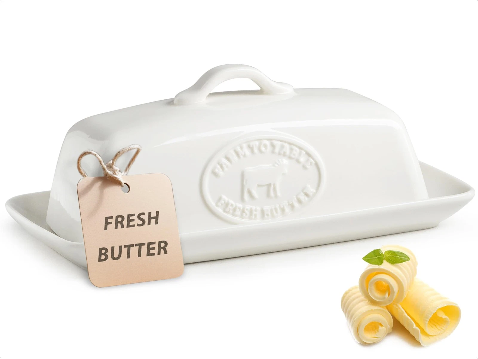 Cow Butter Dish, Ceramic Butter Dish with Lid for Countertop, White Butter Tr...