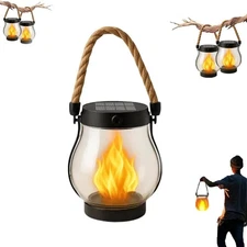 Solar Lantern Outdoor Lights with Dancing Flame,Waterproof Hemp Rope Hanging