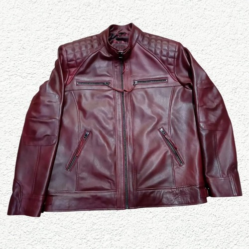 Men's Genuine Red Lambskin Leather Jacket Motorcycle Biker Zipper Jacket - Picture 3 of 5