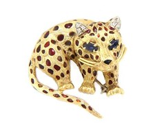 Brooch Diamond Gemstone Enamel 18k Gold Baby Cheetah Estate