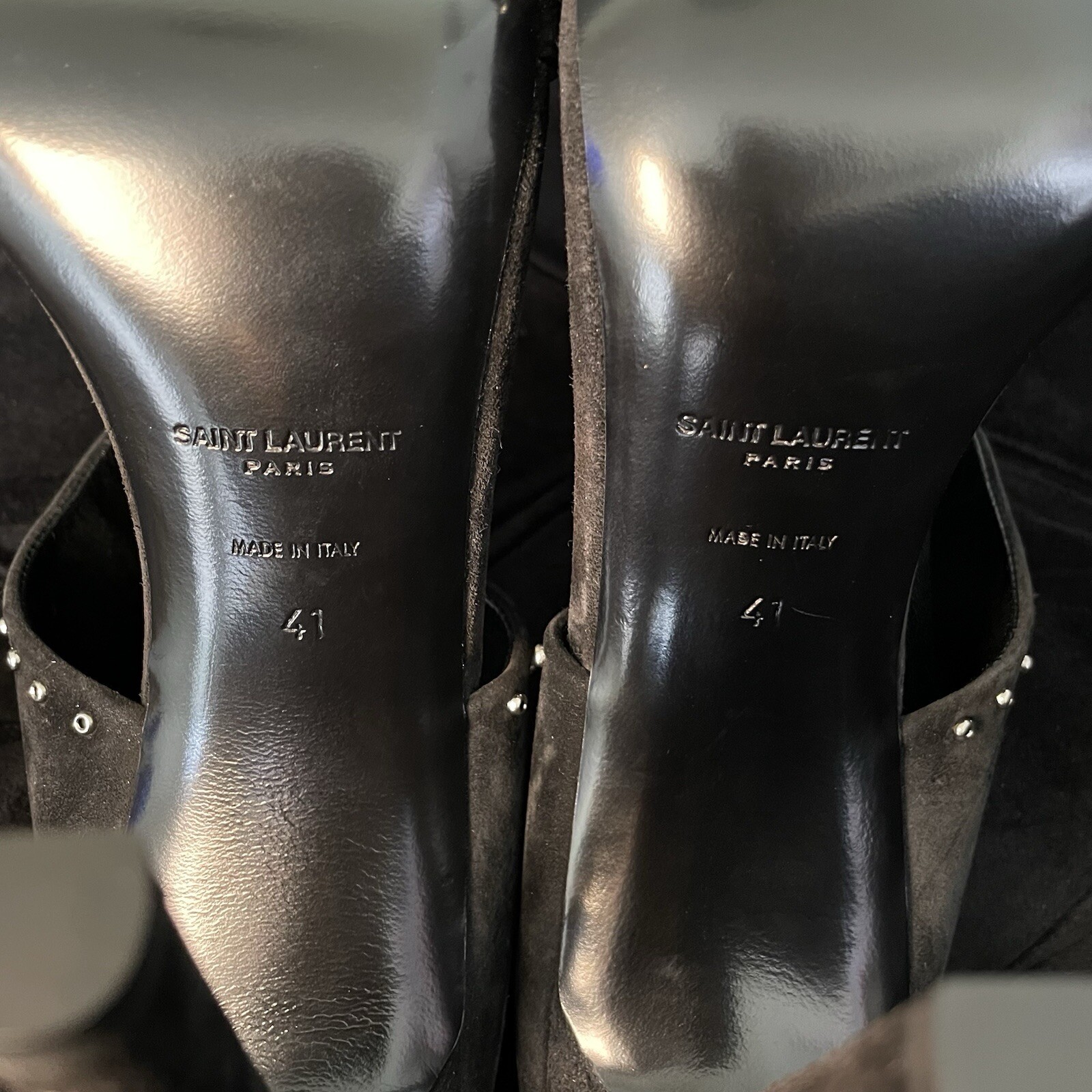 Nuovo YSL SAINT LAURENT NERO SCAMOSCIATO BORCHIATO SLIP ON MULES MICA 105 taglia EU 41