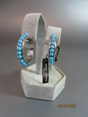 Vintage Signed Bijoux Cascio Italy Turquoise Beaded Hoop Clip Earrings 70's 80's