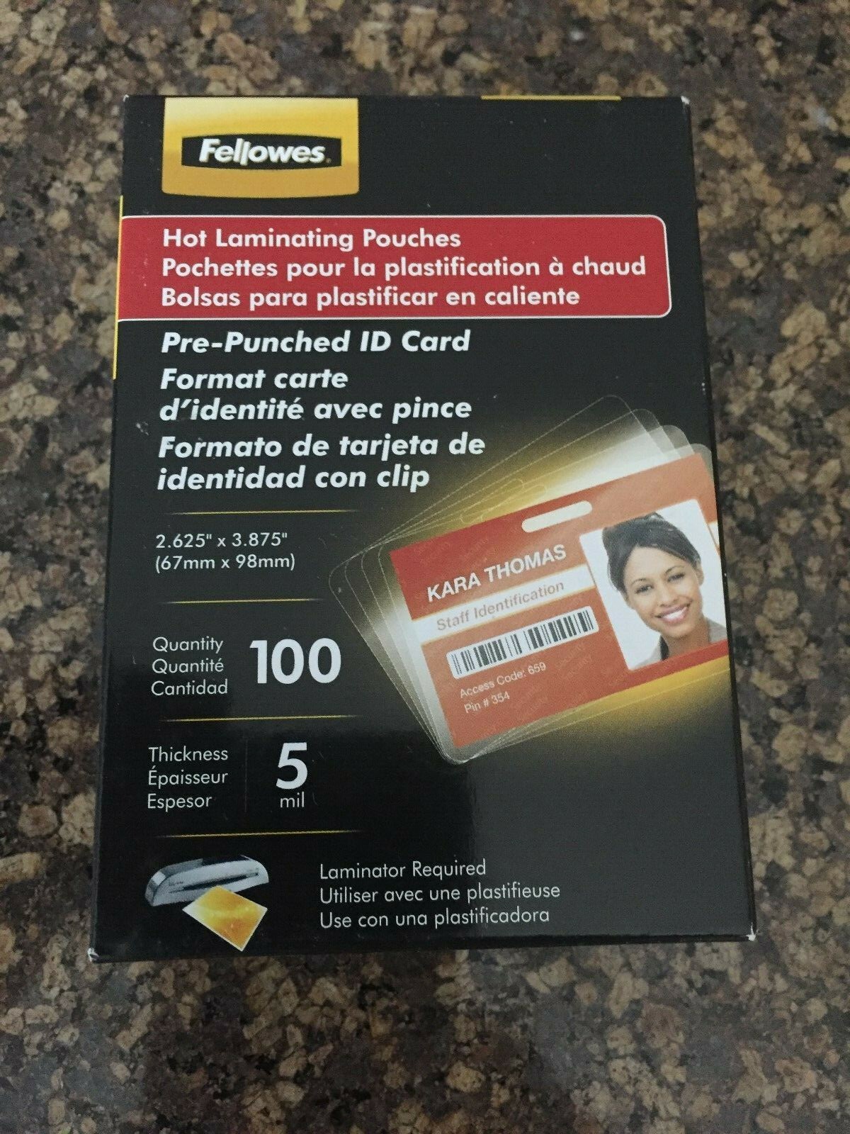 Fellowes Hot Laminating Pouches PrePunched Id Cards Size 5 mil 100/PK