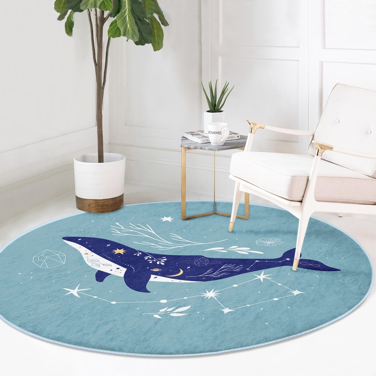 Blue Whale Pattern Kids Room Washable Round Rug | Homeezone | eBay