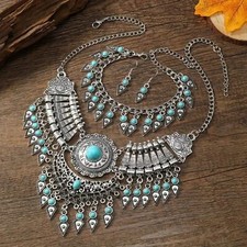 Boho Statement Matching Necklace, Bracelet  Earrings Set   Silver/Turquoise