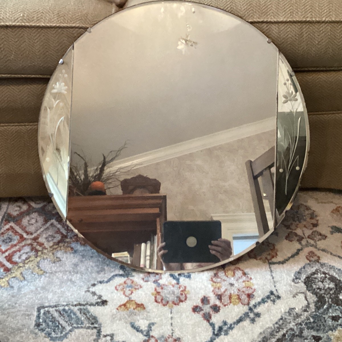 Large Antique Beveled Frameless Round Floral Etched Mirror 24 “ In