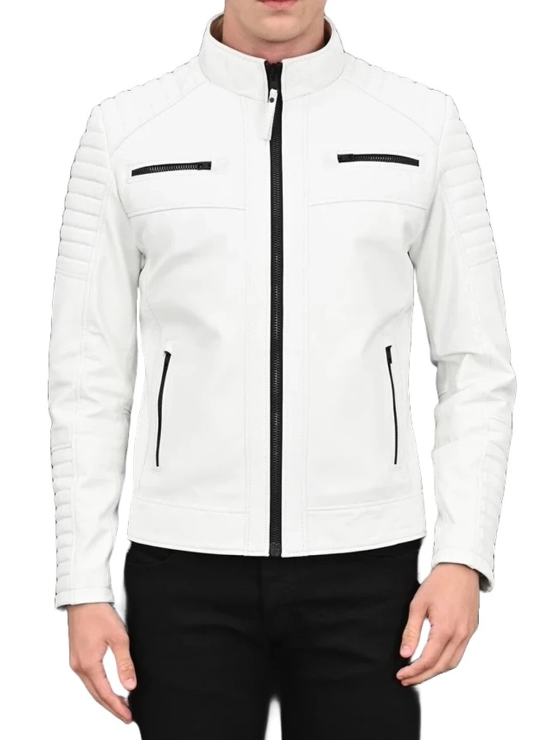 Men's Soft White Sheepskin Leather Biker Jacket Motorcycle Style 13-image
