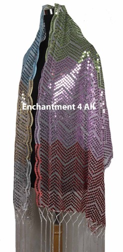 Elegant Handmade Rainbow Lace Scarf Shawl Wrap w Sequins & Fringes, Multicolor 2