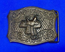 Horse Saddle Centered On Western Flower Swirl Vintage Belt Buckle